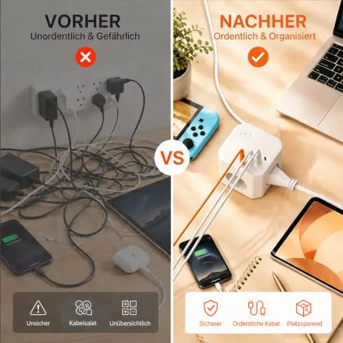 8 in 1 Steckdosenwürfel mit USB, 4-Fach Mehrfachsteckdose mit 4 USB-Ports, Überspannungsschutz & Schalter – Steckdosenleiste mit Verlängerungskabel für Schreibtisch, Büro & Zuhause