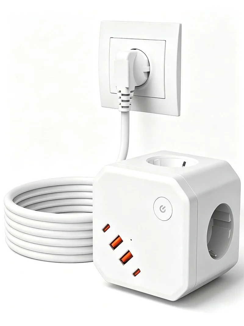 8 in 1 Steckdosenwürfel mit USB, 4-Fach Mehrfachsteckdose mit 4 USB-Ports, Überspannungsschutz & Schalter – Steckdosenleiste mit Verlängerungskabel für Schreibtisch, Büro & Zuhause