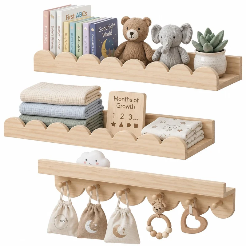 3er Wandregal Kinderzimmer 40cm Bücherregal Kinder Wand mit runden Haken