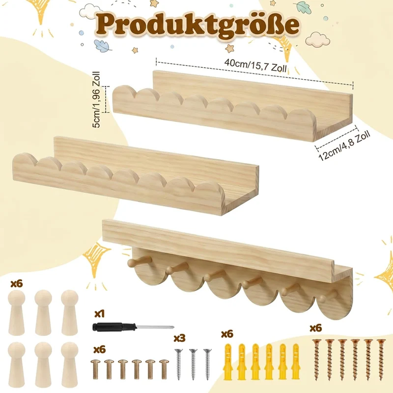 3er Wandregal Kinderzimmer 40cm Bücherregal Kinder Wand mit runden Haken