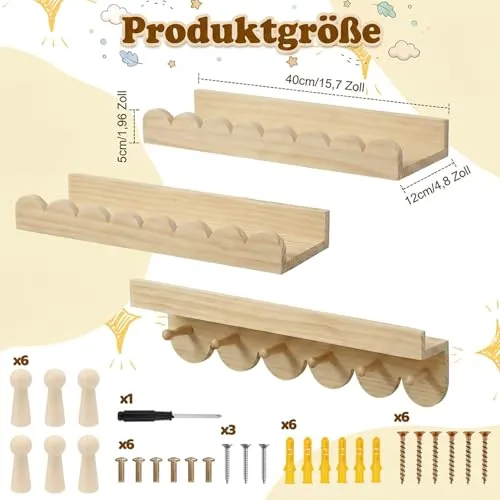 3er Wandregal Kinderzimmer 40cm Bücherregal Kinder Wand mit runden Haken
