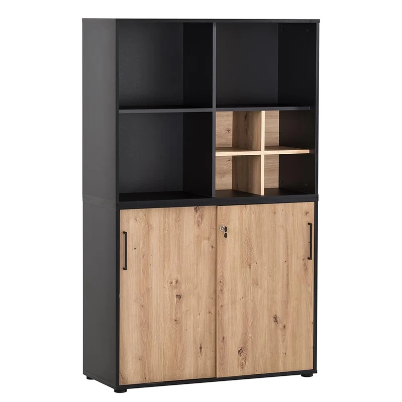 Lomadox Büroschrank Aktenschrank (3-teilig) in schwarz matt mit Eiche
