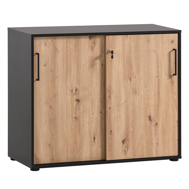 Lomadox Büroschrank Aktenschrank (3-teilig) in schwarz matt mit Eiche