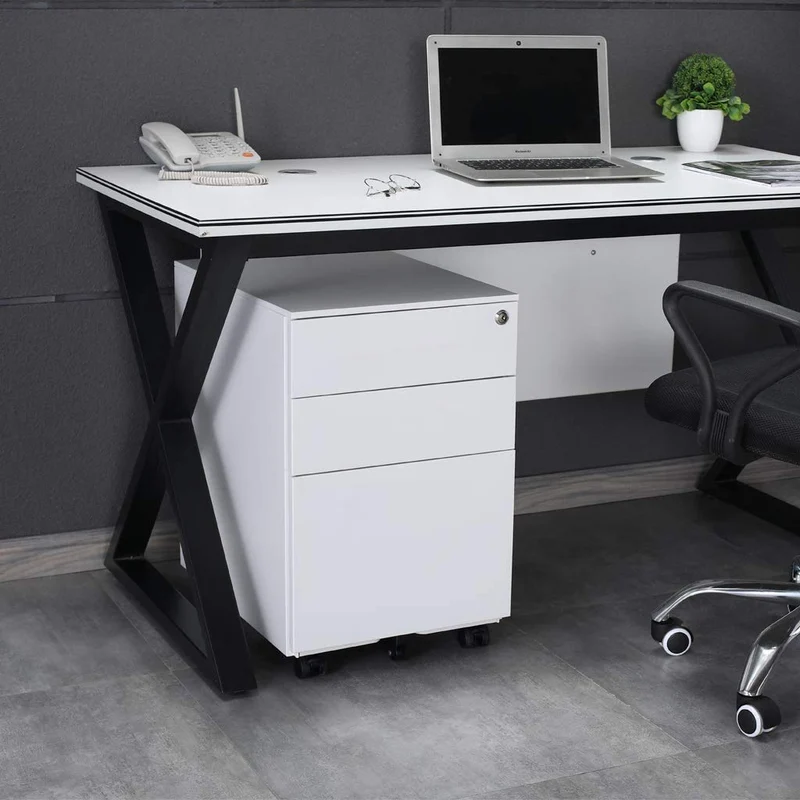 Aktenschränke,Schrankkorpus Vormontiert, Rollcontainer Büro-Rollcontainer mit Anti-umkippen-mechanismus, Bürocontainer mit 3 Schublade für A4, 50cm L x 39cm B x 60cm H, LWB020 (Weiß)