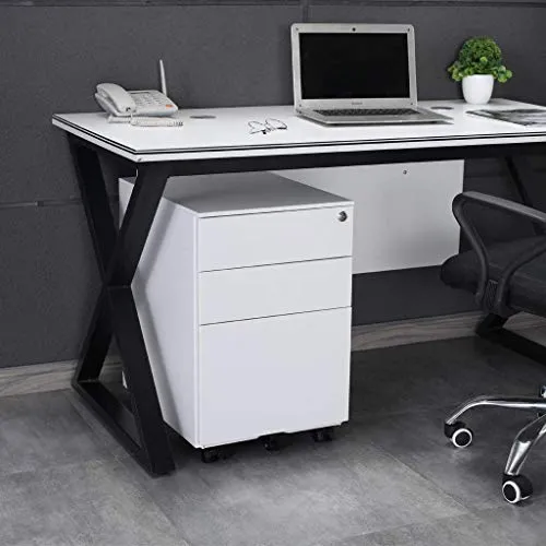 Aktenschränke,Schrankkorpus Vormontiert, Rollcontainer Büro-Rollcontainer mit Anti-umkippen-mechanismus, Bürocontainer mit 3 Schublade für A4, 50cm L x 39cm B x 60cm H, LWB020 (Weiß)