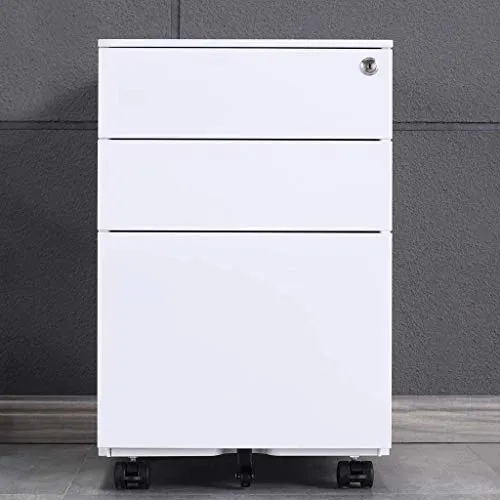 Aktenschränke,Schrankkorpus Vormontiert, Rollcontainer Büro-Rollcontainer mit Anti-umkippen-mechanismus, Bürocontainer mit 3 Schublade für A4, 50cm L x 39cm B x 60cm H, LWB020 (Weiß)