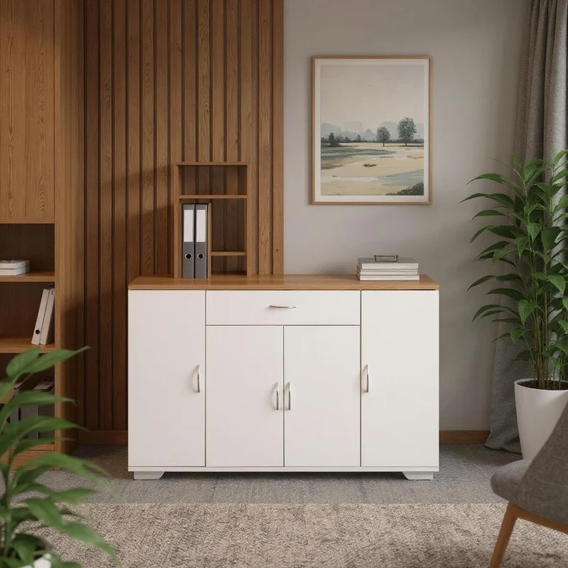 FurnitureR Weißer Aktenschrank, moderner Stil, MDF Material, kompakt und funktional, mit DREI Türen und Einer Schublade