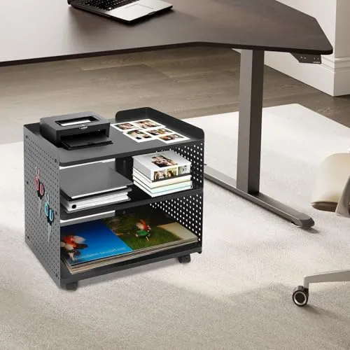 Druckerständer | Druckertisch Mit Rollen | Druckerhalter mit 3 Ebenen | 88 kg Tragfähigkeit | 4 Rollen (2 mit Bremsen) | Höhenverstellbar | Modernes Design für Büro & Zuhause (schwarz)