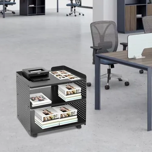 Druckerständer | Druckertisch Mit Rollen | Druckerhalter mit 3 Ebenen | 88 kg Tragfähigkeit | 4 Rollen (2 mit Bremsen) | Höhenverstellbar | Modernes Design für Büro & Zuhause (schwarz)
