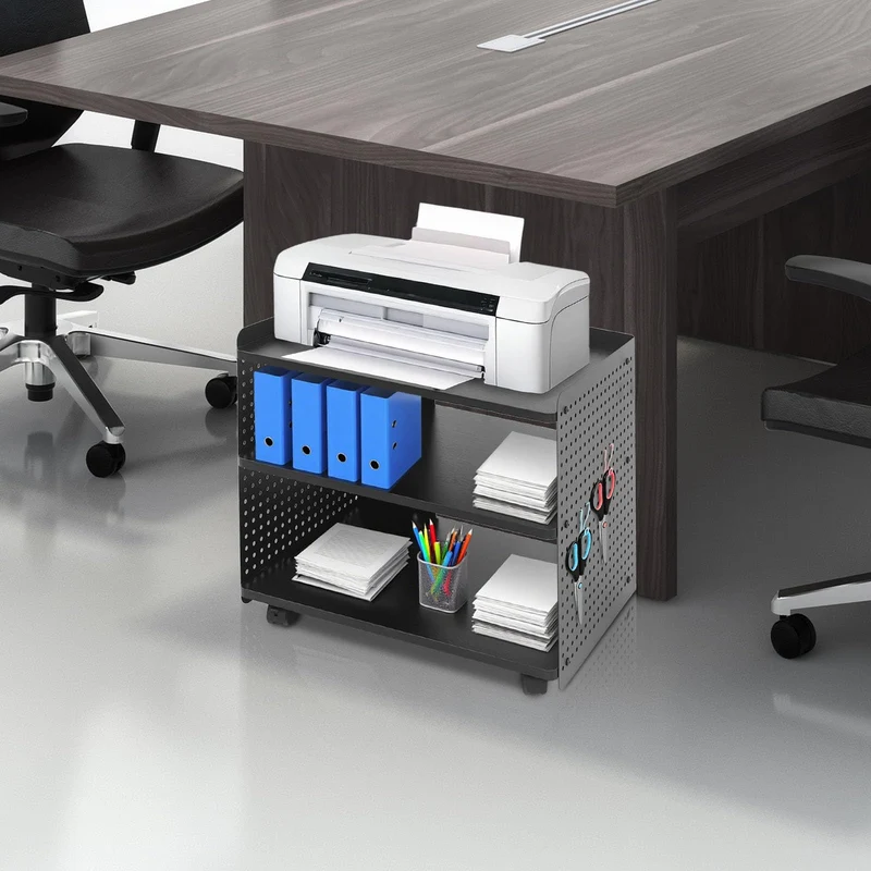 Druckerständer | Druckertisch Mit Rollen | Druckerhalter mit 3 Ebenen | 88 kg Tragfähigkeit | 4 Rollen (2 mit Bremsen) | Höhenverstellbar | Modernes Design für Büro & Zuhause (schwarz)