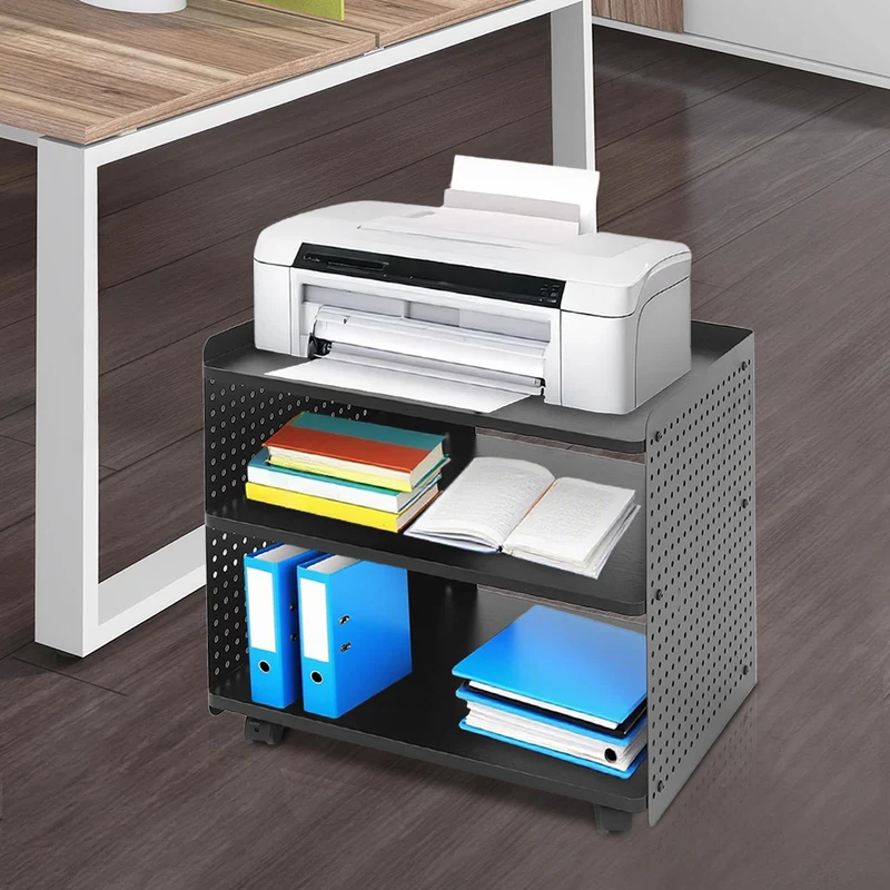 Druckerständer | Druckertisch Mit Rollen | Druckerhalter mit 3 Ebenen | 88 kg Tragfähigkeit | 4 Rollen (2 mit Bremsen) | Höhenverstellbar | Modernes Design für Büro & Zuhause (schwarz)
