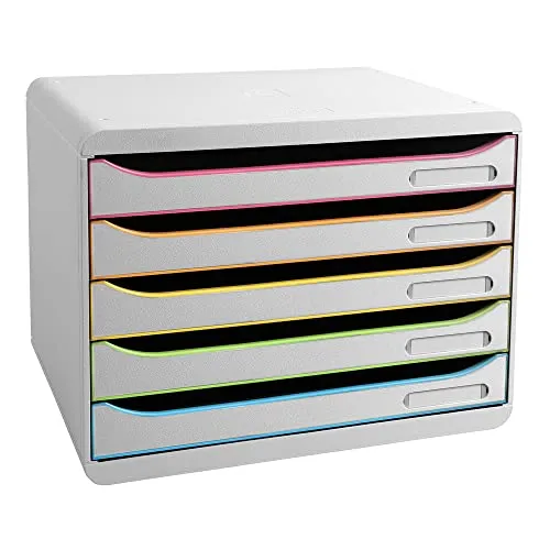 Exacompta 308913D Ablagebox Harlekin mit 5 Schubladen für DIN A4+ Dokumente. Belastbare Schubladenbox mit hoher Kapazität für mehr Platz auf dem Schreibtisch Big Box Plus Horizon Weiß|Bunt