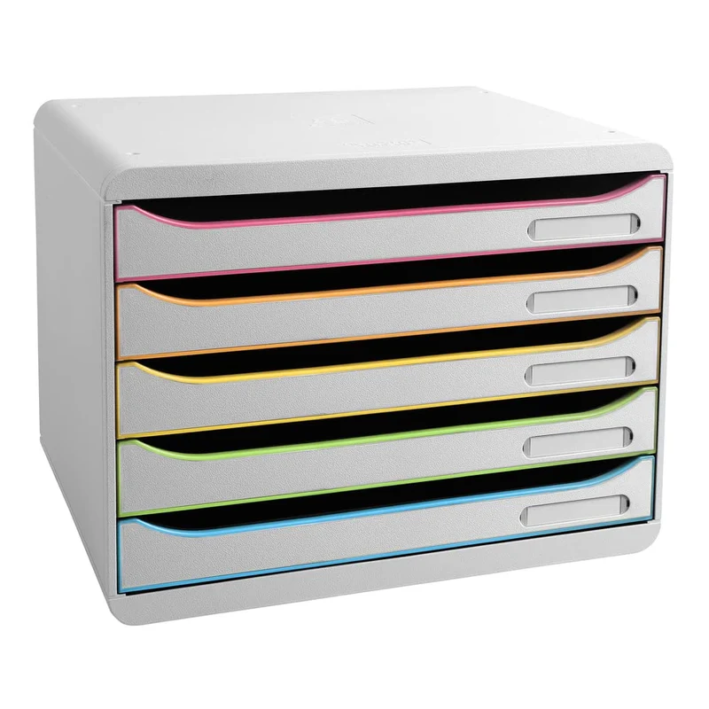 Exacompta 308913D Ablagebox Harlekin mit 5 Schubladen für DIN A4+ Dokumente. Belastbare Schubladenbox mit hoher Kapazität für mehr Platz auf dem Schreibtisch Big Box Plus Horizon Weiß|Bunt