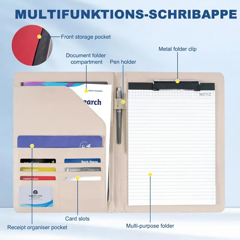 ENOMY Konferenzmappe A4 Leder personalisiert mit Reißverschluss, Dokumentenmappe Schreibmappe Organizer Mappe Portfolio Mappe mit Logo Text Bild für Bewerbung Business Büro Meeting Reise (Grau)