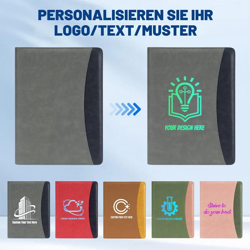 ENOMY Konferenzmappe A4 Leder personalisiert mit Reißverschluss, Dokumentenmappe Schreibmappe Organizer Mappe Portfolio Mappe mit Logo Text Bild für Bewerbung Business Büro Meeting Reise (Grau)