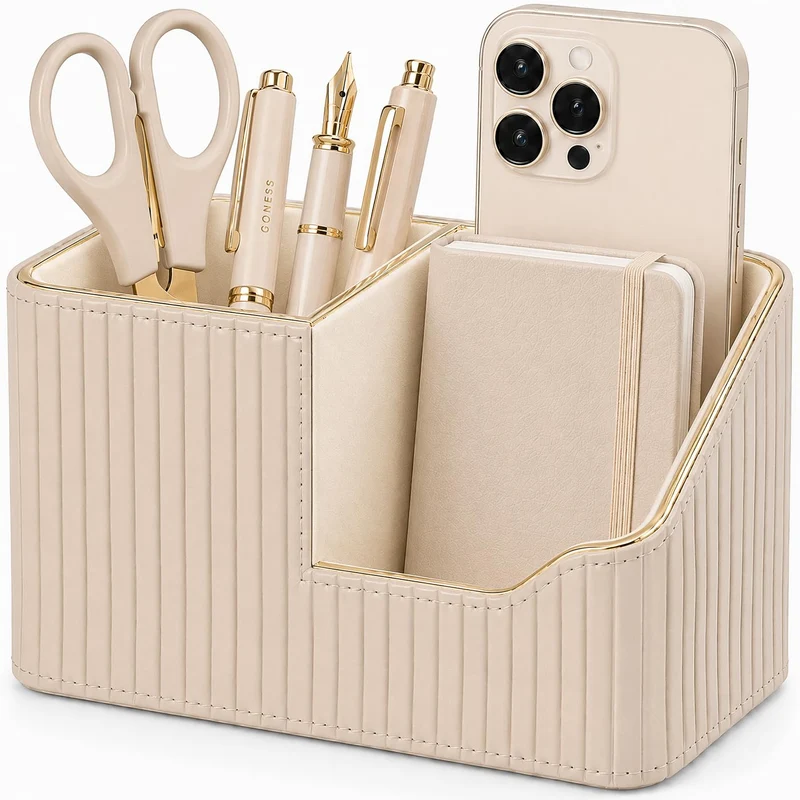 KINGFOM Stifteköcher Stifte Organizer, PU Leder Stiftehalter Schreibtisch Stiftebox Stifteköcher für Büro/Zuhause, Multifunktionale Fernbedienung Halterung (Beige)