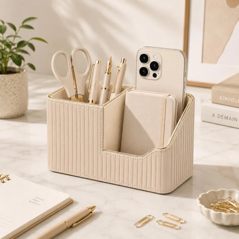 KINGFOM Stifteköcher Stifte Organizer, PU Leder Stiftehalter Schreibtisch Stiftebox Stifteköcher für Büro/Zuhause, Multifunktionale Fernbedienung Halterung (Beige)