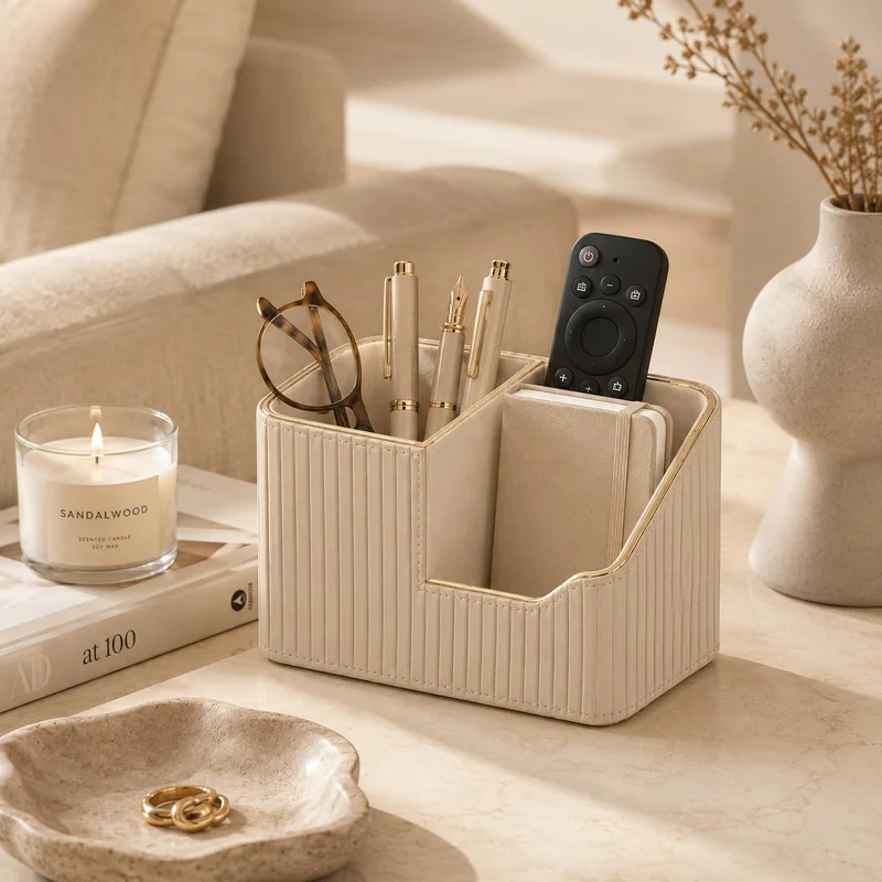 KINGFOM Stifteköcher Stifte Organizer, PU Leder Stiftehalter Schreibtisch Stiftebox Stifteköcher für Büro/Zuhause, Multifunktionale Fernbedienung Halterung (Beige)