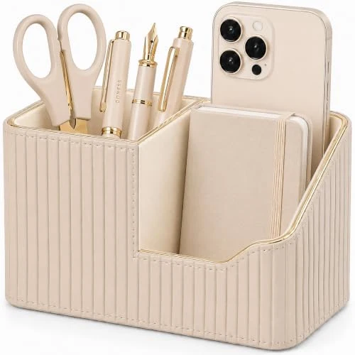 KINGFOM Stifteköcher Stifte Organizer, PU Leder Stiftehalter Schreibtisch Stiftebox Stifteköcher für Büro/Zuhause, Multifunktionale Fernbedienung Halterung (Beige)