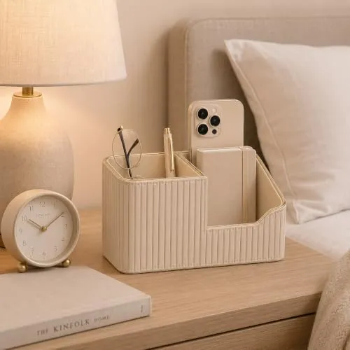 KINGFOM Stifteköcher Stifte Organizer, PU Leder Stiftehalter Schreibtisch Stiftebox Stifteköcher für Büro/Zuhause, Multifunktionale Fernbedienung Halterung (Beige)