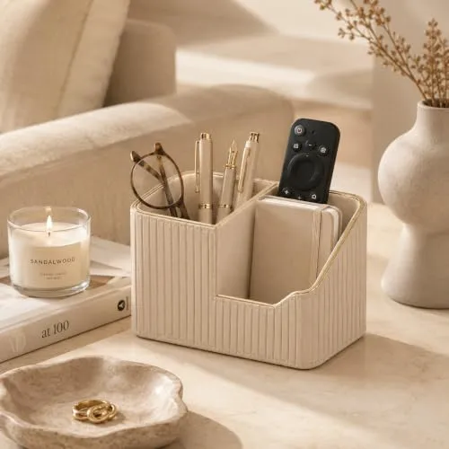 KINGFOM Stifteköcher Stifte Organizer, PU Leder Stiftehalter Schreibtisch Stiftebox Stifteköcher für Büro/Zuhause, Multifunktionale Fernbedienung Halterung (Beige)