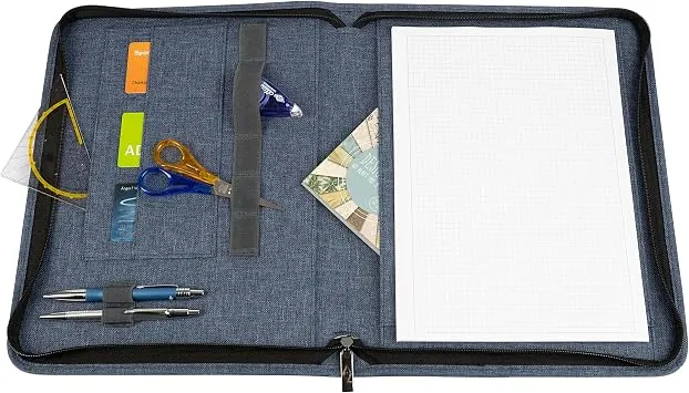 WEDO Schreibmappe A4 Denim mit Reißverschluss, Farbe Blau, 3 Kartensteckplätze, Steckplätze mit elastischem Gummiband für Stifte, großes Blätterfach hinter der Schreibfläche, kleines Linealfach