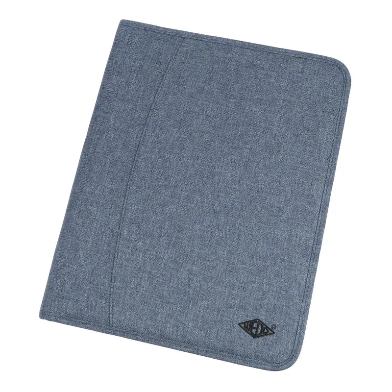 WEDO Schreibmappe A4 Denim mit Reißverschluss, Farbe Blau, 3 Kartensteckplätze, Steckplätze mit elastischem Gummiband für Stifte, großes Blätterfach hinter der Schreibfläche, kleines Linealfach