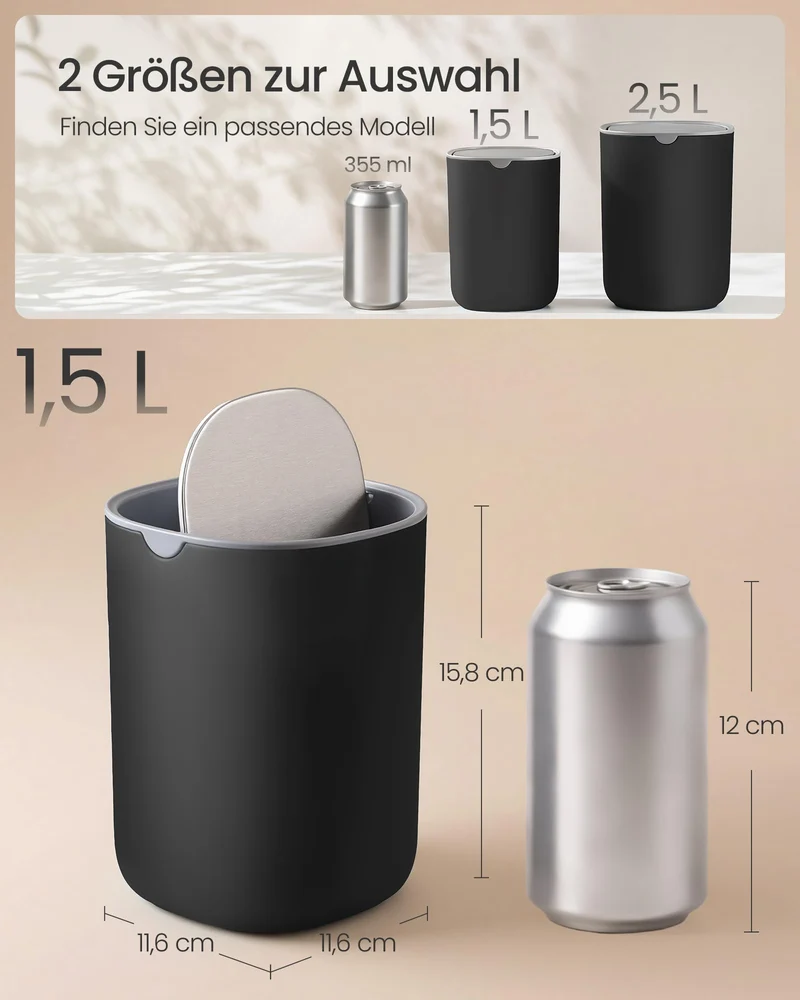 SONGMICS Tischmülleimer mit Deckel, Schwingdeckel aus Edelstahl, 1,5 L