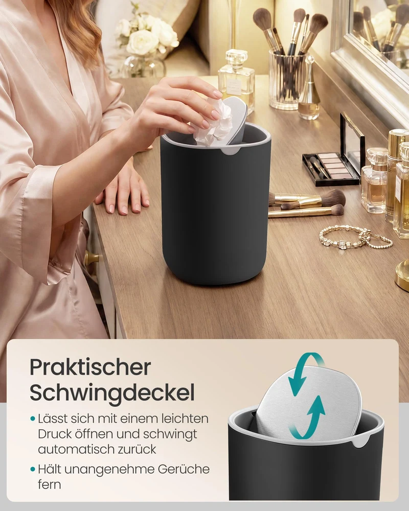SONGMICS Tischmülleimer mit Deckel, Schwingdeckel aus Edelstahl, 1,5 L