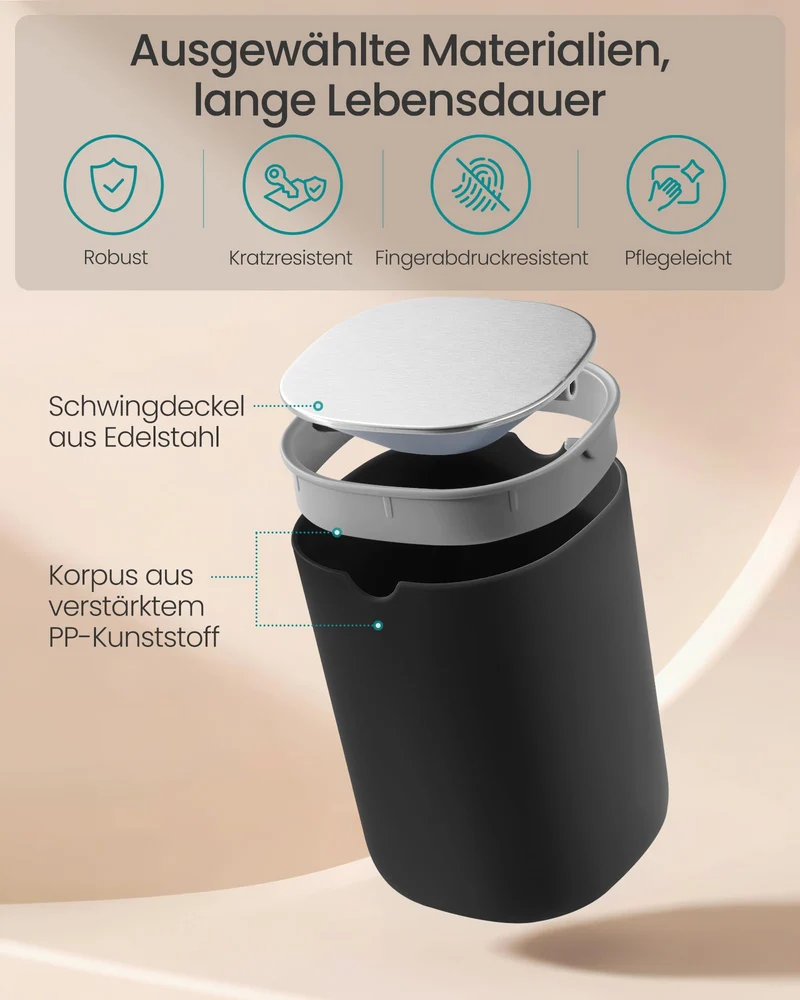 SONGMICS Tischmülleimer mit Deckel, Schwingdeckel aus Edelstahl, 1,5 L