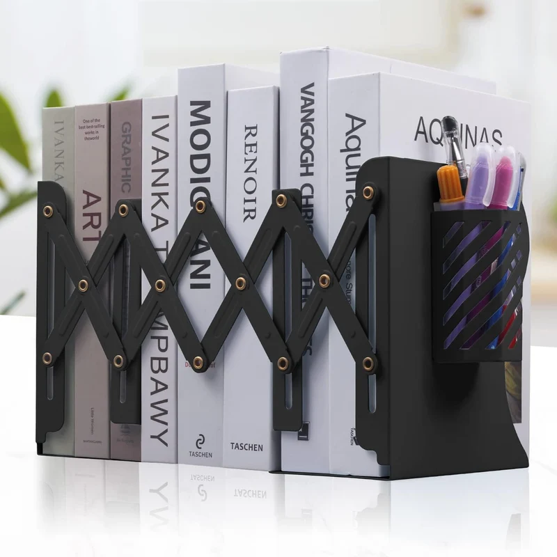 Verstellbare Buchstütze, Verstellbar Buchstützen Kinder Metall Bücherhalter Erweiterbar Metall Bücherstützen mit Stifthalter Bücherhalter Buchständer für Büro Zuhause Schule Bibliothek (Rosa)