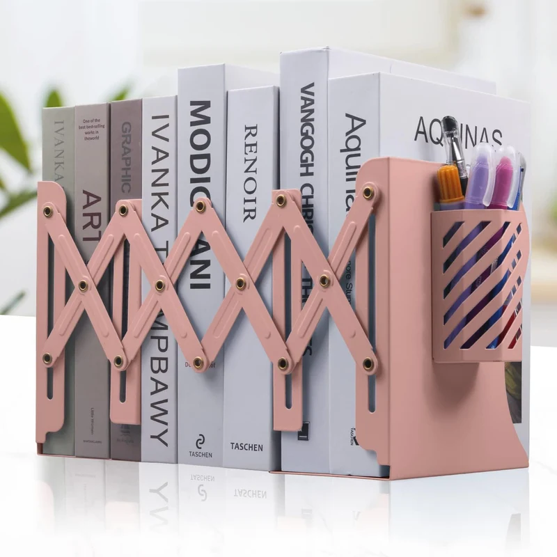 Verstellbare Buchstütze, Verstellbar Buchstützen Kinder Metall Bücherhalter Erweiterbar Metall Bücherstützen mit Stifthalter Bücherhalter Buchständer für Büro Zuhause Schule Bibliothek (Rosa)