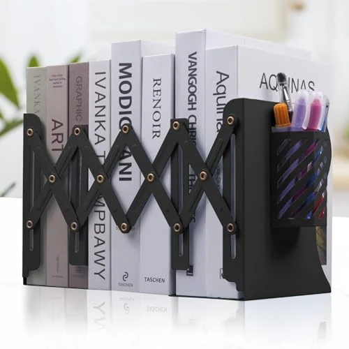 Verstellbare Buchstütze, Verstellbar Buchstützen Kinder Metall Bücherhalter Erweiterbar Metall Bücherstützen mit Stifthalter Bücherhalter Buchständer für Büro Zuhause Schule Bibliothek (Rosa)