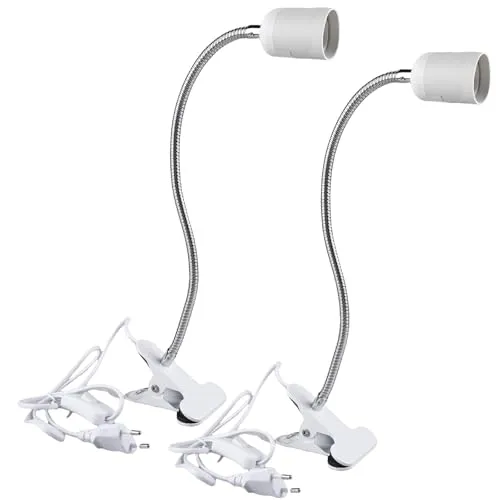 GAOUTO 2 Stück Klemmleuchte: LED-Lampenfassung E27, Klemmlampe mit Schwanenhals und Schalter, Klemmlampe 360° Einstellbar Flexiblem Schwanenhals für Lesen Innen Beleuchtung, Bett Nachtlesen (Weiß)