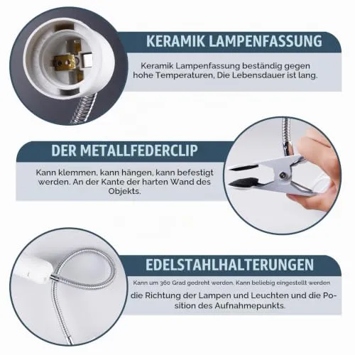GAOUTO 2 Stück Klemmleuchte: LED-Lampenfassung E27, Klemmlampe mit Schwanenhals und Schalter, Klemmlampe 360° Einstellbar Flexiblem Schwanenhals für Lesen Innen Beleuchtung, Bett Nachtlesen (Weiß)