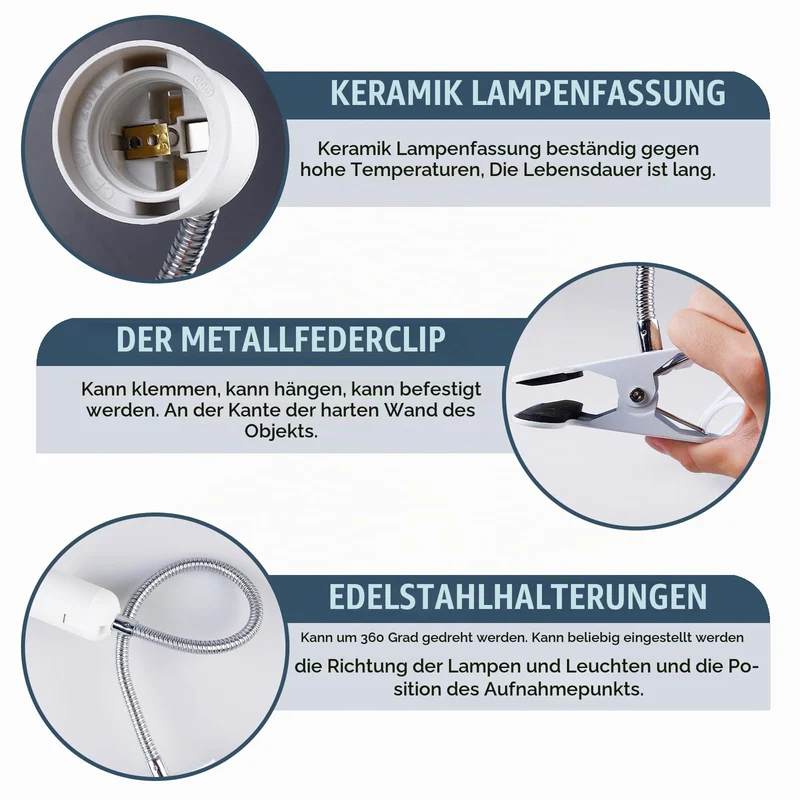 GAOUTO 2 Stück Klemmleuchte: LED-Lampenfassung E27, Klemmlampe mit Schwanenhals und Schalter, Klemmlampe 360° Einstellbar Flexiblem Schwanenhals für Lesen Innen Beleuchtung, Bett Nachtlesen (Weiß)