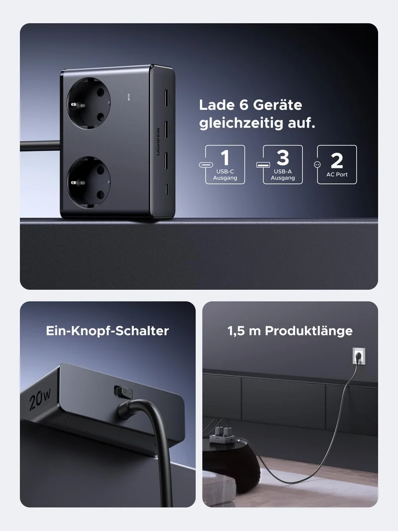 UGREEN Steckdosenleiste 6 in 1 mit USB C 20W Mehrfachsteckdose