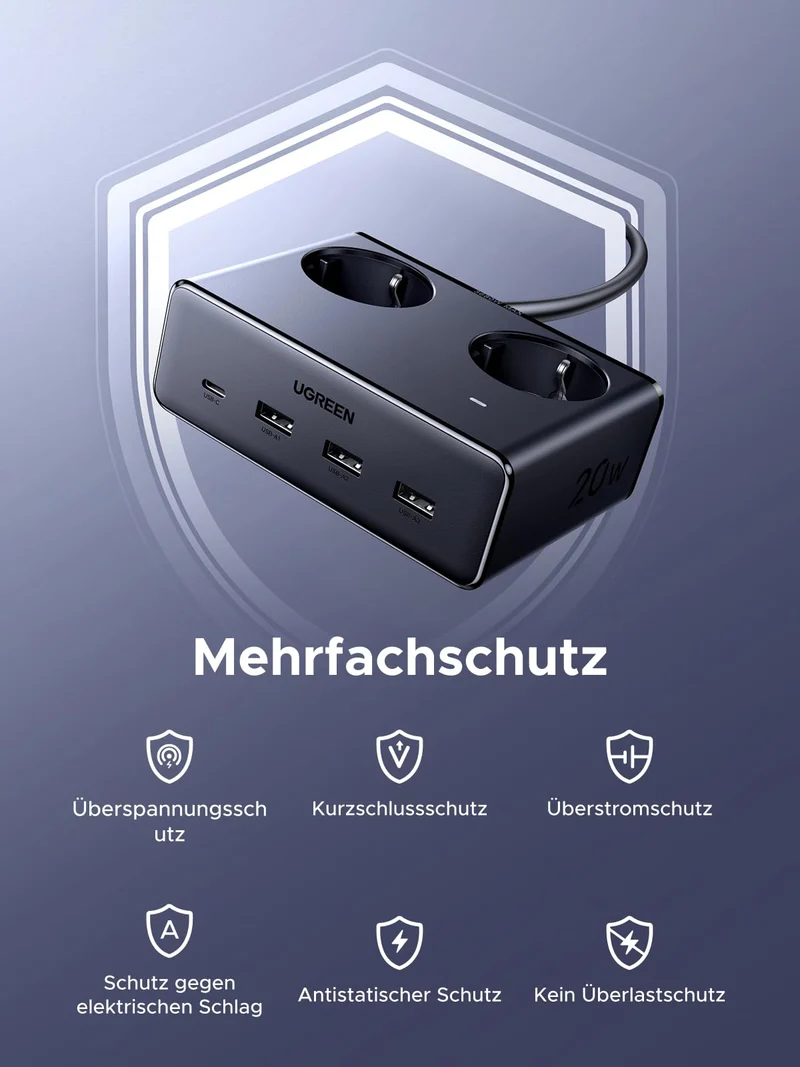 UGREEN Steckdosenleiste 6 in 1 mit USB C 20W Mehrfachsteckdose
