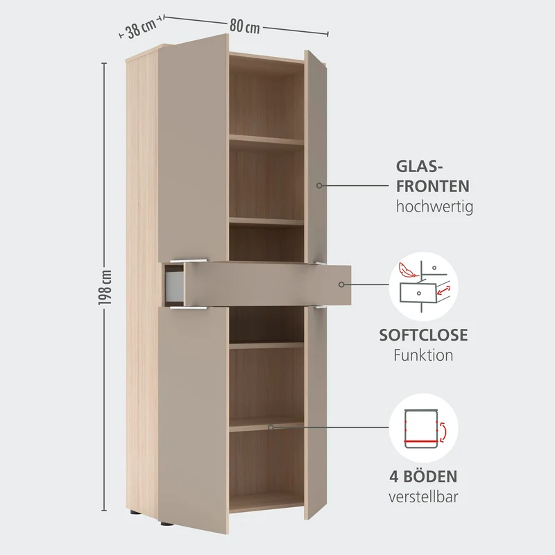 SANTORIN Aktenschrank Büroschrank Cashmere Riva Eiche 80 x 198 x 38 cm