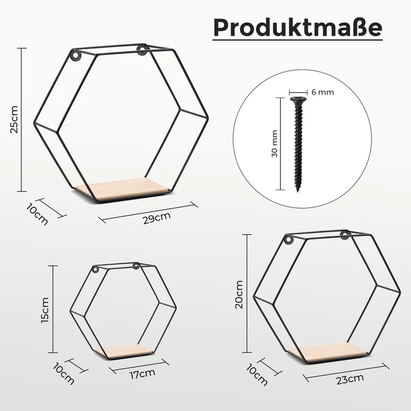 3er Hexagon Wandregal Set, Schwarze Metall Schweberegale Mit Holzablage, Modernes Wabenregal Für Wohnzimmer, Schlafzimmer, Küche & Büro, Stabiles Stahlrahmen Regale Mit Schrauben & Montagezubehör
