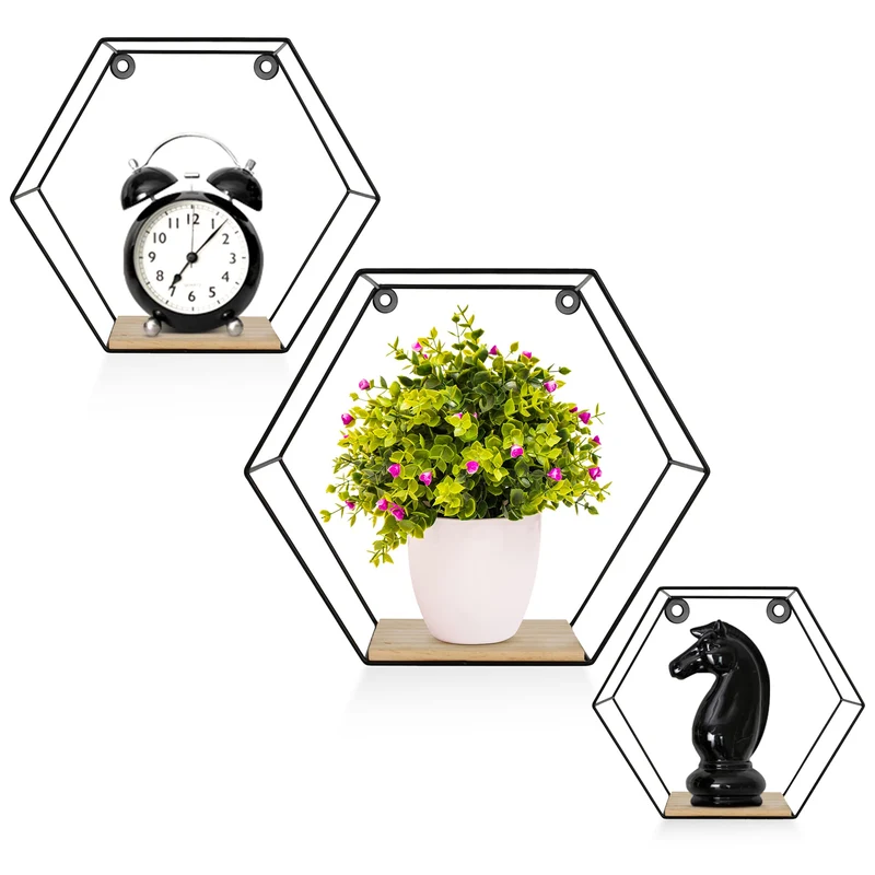 3er Hexagon Wandregal Set, Schwarze Metall Schweberegale Mit Holzablage, Modernes Wabenregal Für Wohnzimmer, Schlafzimmer, Küche & Büro, Stabiles Stahlrahmen Regale Mit Schrauben & Montagezubehör