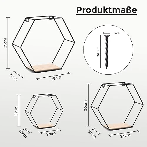 3er Hexagon Wandregal Set, Schwarze Metall Schweberegale Mit Holzablage, Modernes Wabenregal Für Wohnzimmer, Schlafzimmer, Küche & Büro, Stabiles Stahlrahmen Regale Mit Schrauben & Montagezubehör
