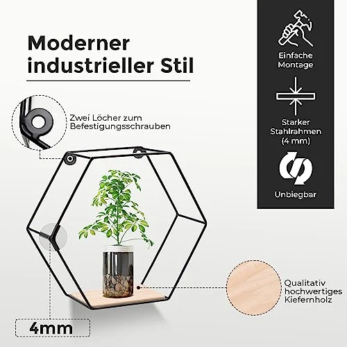 3er Hexagon Wandregal Set, Schwarze Metall Schweberegale Mit Holzablage, Modernes Wabenregal Für Wohnzimmer, Schlafzimmer, Küche & Büro, Stabiles Stahlrahmen Regale Mit Schrauben & Montagezubehör