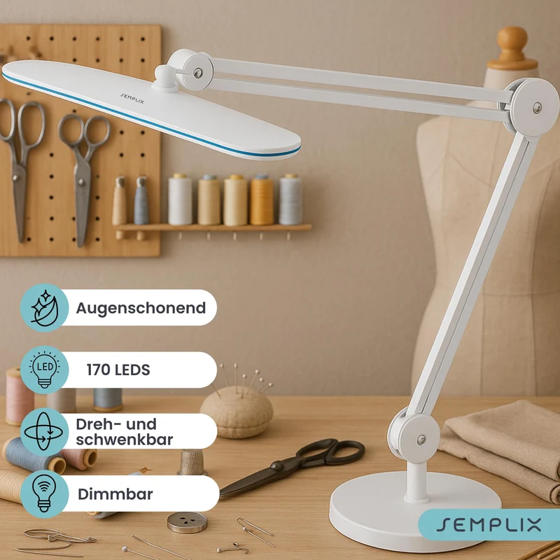 SEMPLIX LED Arbeits-Lampe Weiß: (117 PCS LED, 4fach dimmbar) Mit Tischstandfuß und -Klemme, höhenverstellbarem Lampenarm