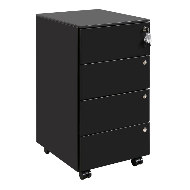 Rollcontainer mit Schubladen, Mobiler Aktenschrank unter Schreibtisch, Abschließbarer Büroschrank, Druckertisch, 4 Schubladen 4 Schlüssel, Vormontiert, Büro, Homeoffice, Schwarz