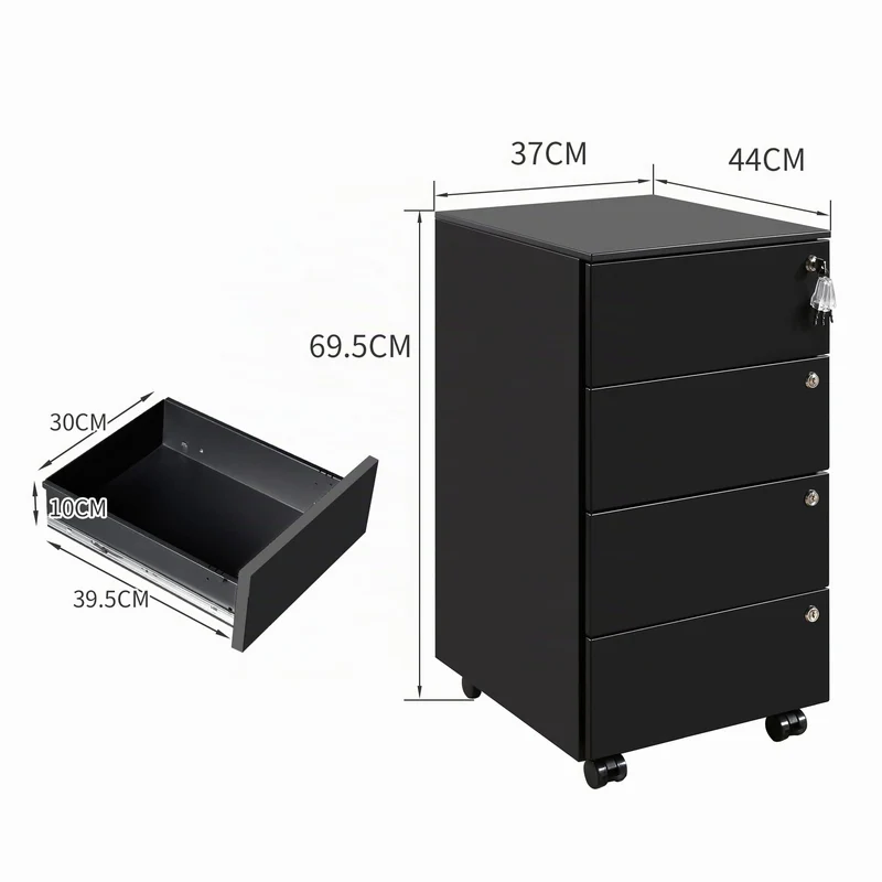 Rollcontainer mit Schubladen, Mobiler Aktenschrank unter Schreibtisch, Abschließbarer Büroschrank, Druckertisch, 4 Schubladen 4 Schlüssel, Vormontiert, Büro, Homeoffice, Schwarz