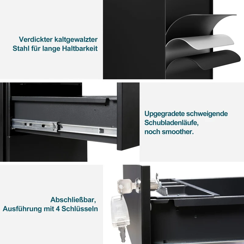 Rollcontainer mit Schubladen, Mobiler Aktenschrank unter Schreibtisch, Abschließbarer Büroschrank, Druckertisch, 4 Schubladen 4 Schlüssel, Vormontiert, Büro, Homeoffice, Schwarz