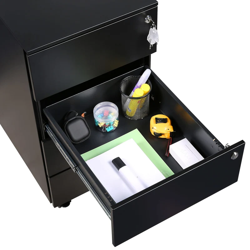 Rollcontainer mit Schubladen, Mobiler Aktenschrank unter Schreibtisch, Abschließbarer Büroschrank, Druckertisch, 4 Schubladen 4 Schlüssel, Vormontiert, Büro, Homeoffice, Schwarz