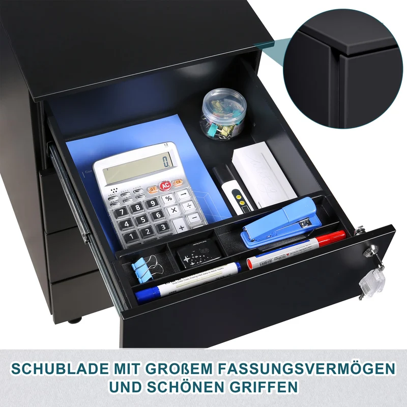Rollcontainer mit Schubladen, Mobiler Aktenschrank unter Schreibtisch, Abschließbarer Büroschrank, Druckertisch, 4 Schubladen 4 Schlüssel, Vormontiert, Büro, Homeoffice, Schwarz
