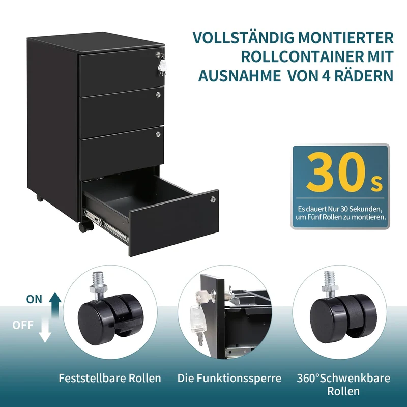 Rollcontainer mit Schubladen, Mobiler Aktenschrank unter Schreibtisch, Abschließbarer Büroschrank, Druckertisch, 4 Schubladen 4 Schlüssel, Vormontiert, Büro, Homeoffice, Schwarz